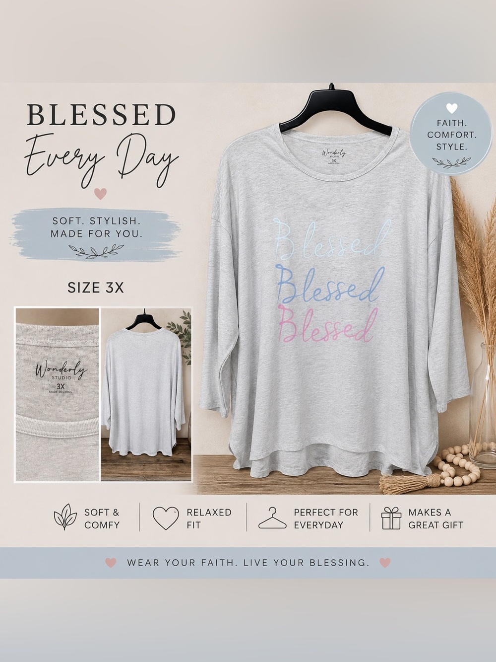 Wonderly Gray 'Blessed' Script Long Sleeve Top (Plus Size: 3X)
